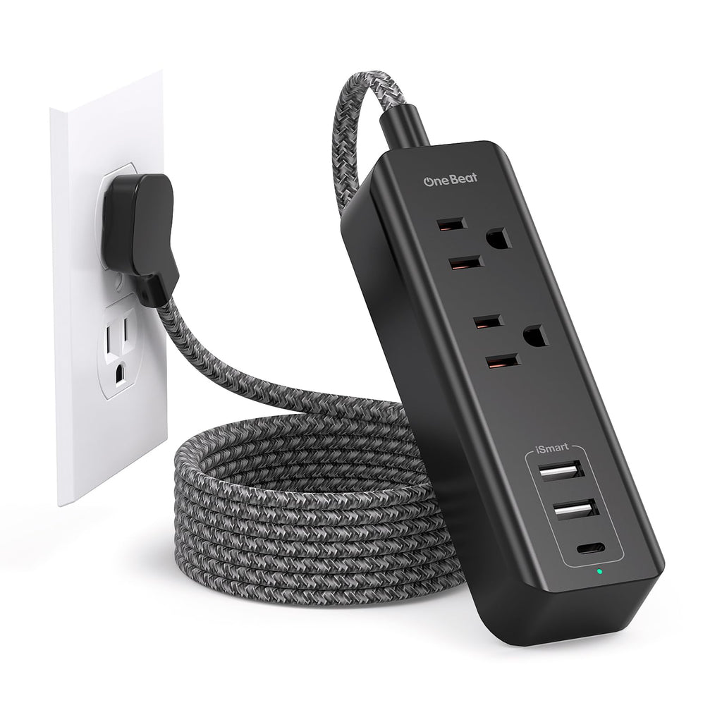 Cruise Essentials, USB C Travel Power Strip, Flat Plug Power Strip with 2 Outlets 3 USB Ports (1 USB C), 5ft Flat Extension Cord USB Charging Station, Non Surge Protector for Cruise, Travel, Home - BK 5 Ft Black