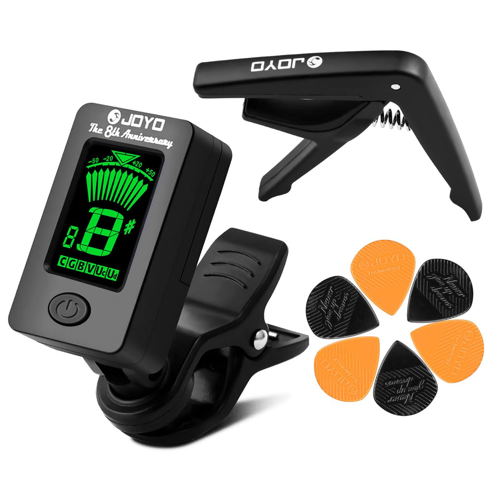 JOYO Guitar Tuner Guitar Capo with 6 PCS Picks Guitar Accessories Clip on Digital Electronic Tuner for Guitar, Bass, Ukulele, Violin, Mandolin