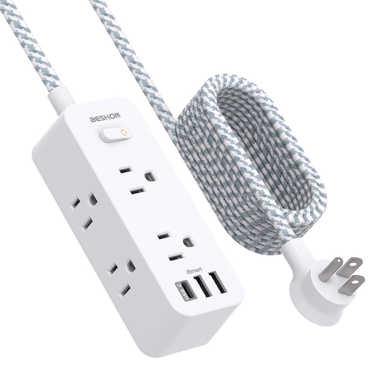 15Ft Extension Cord, Power Strip Surge Protector, 6 Outlets with 3 USB Ports(1 USB C Outlet), 3-Side Outlet Extender, Wall Mount, Compact for Home, School, College Dorm Room 15FT Right Angle Plug & Braided Wire