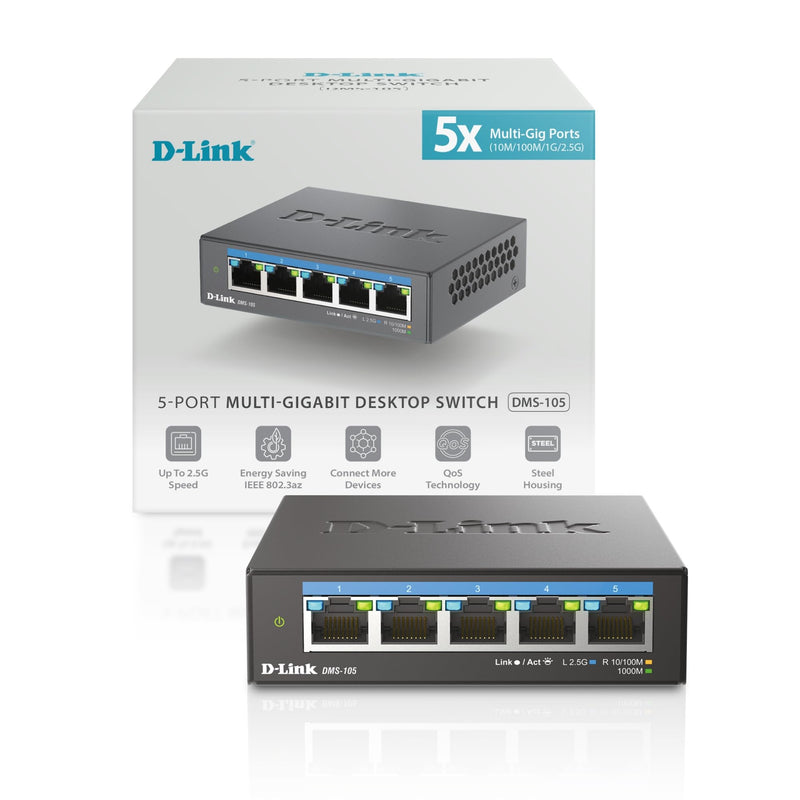 D-Link 5-Port 2.5G Unmanaged Ethernet Switch for Office, Media or Gaming | (DMS-105) Multi-Gig Fanless Sturdy Metal, Desktop/Wall, LED Speed Indicator, QoS, Shielded Ports, Energy Saving, Plug&Play 5 Port Multi-Gig 2.5Gb