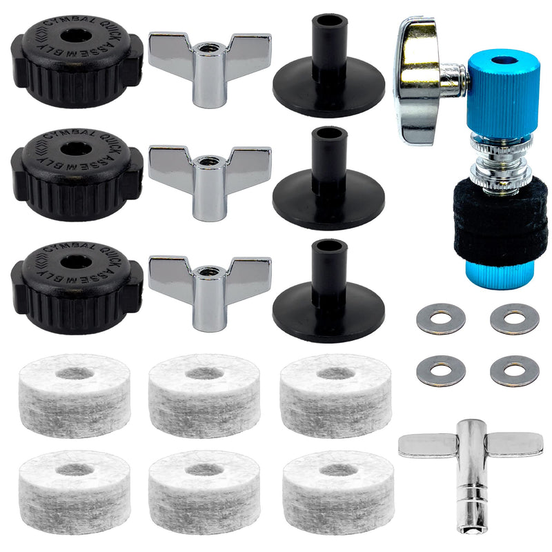 Standard Cymbal Replacement Accessories Set 21pcs - Hi-Hat Clutch, Cymbal Felts, Sleeves, Wing Nuts, Quick release Cymbel Nuts, Drum key & Washers for Drum Set Cymbal (Blue) Blue