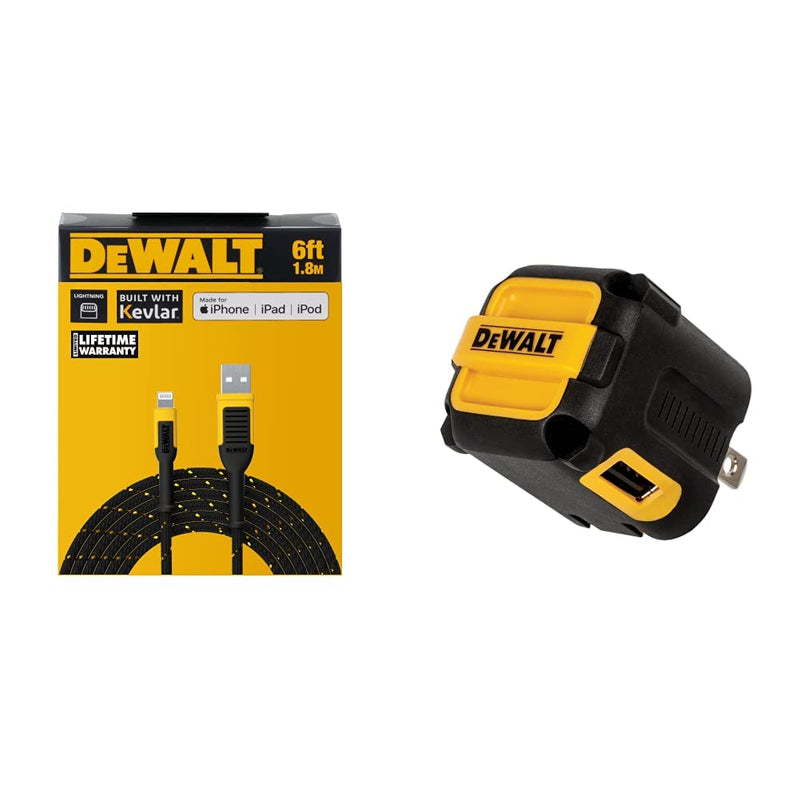 DEWALT Lightning to USB Cable — Reinforced Braided Cable for Lightning — 6 ft & 2-Port USB Wall Charger — NeverBlock Worksite Charger — Dual 5V 2.1A Power AC Adapter