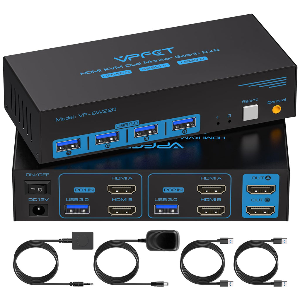 HDMI KVM Switch Dual Monitor 2 Port 4K@60Hz 2 Monitors 2 Computers USB 3.0 KVM Switcher PC Extended Display for 4 USB Devices Like Mouse Keyboard Printer Gamepad Desktop Controller and 2 USB Cables 4K HDMI 2 PC 2 Monitor