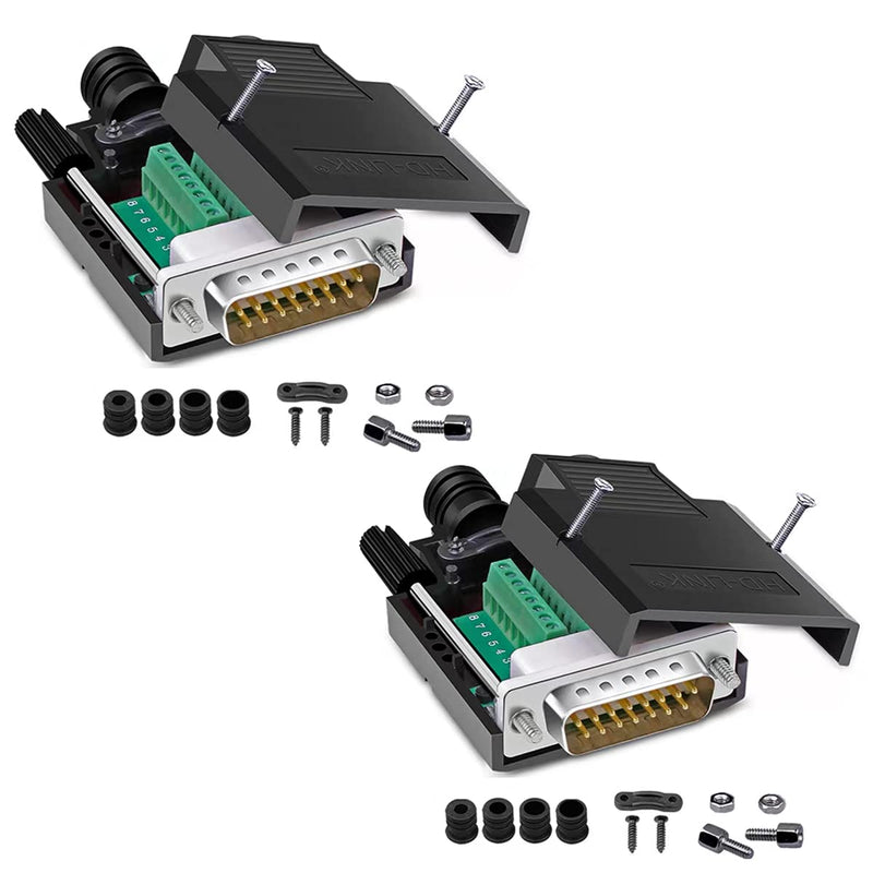 Jienk 2Pcs DB15 Solderless Male RS232 D-SUB Serial Adapters, 16mm thinner 15 Pin Port Terminal Solderfree Breakout Board Connector with Case Accessories Male(2Pcs)