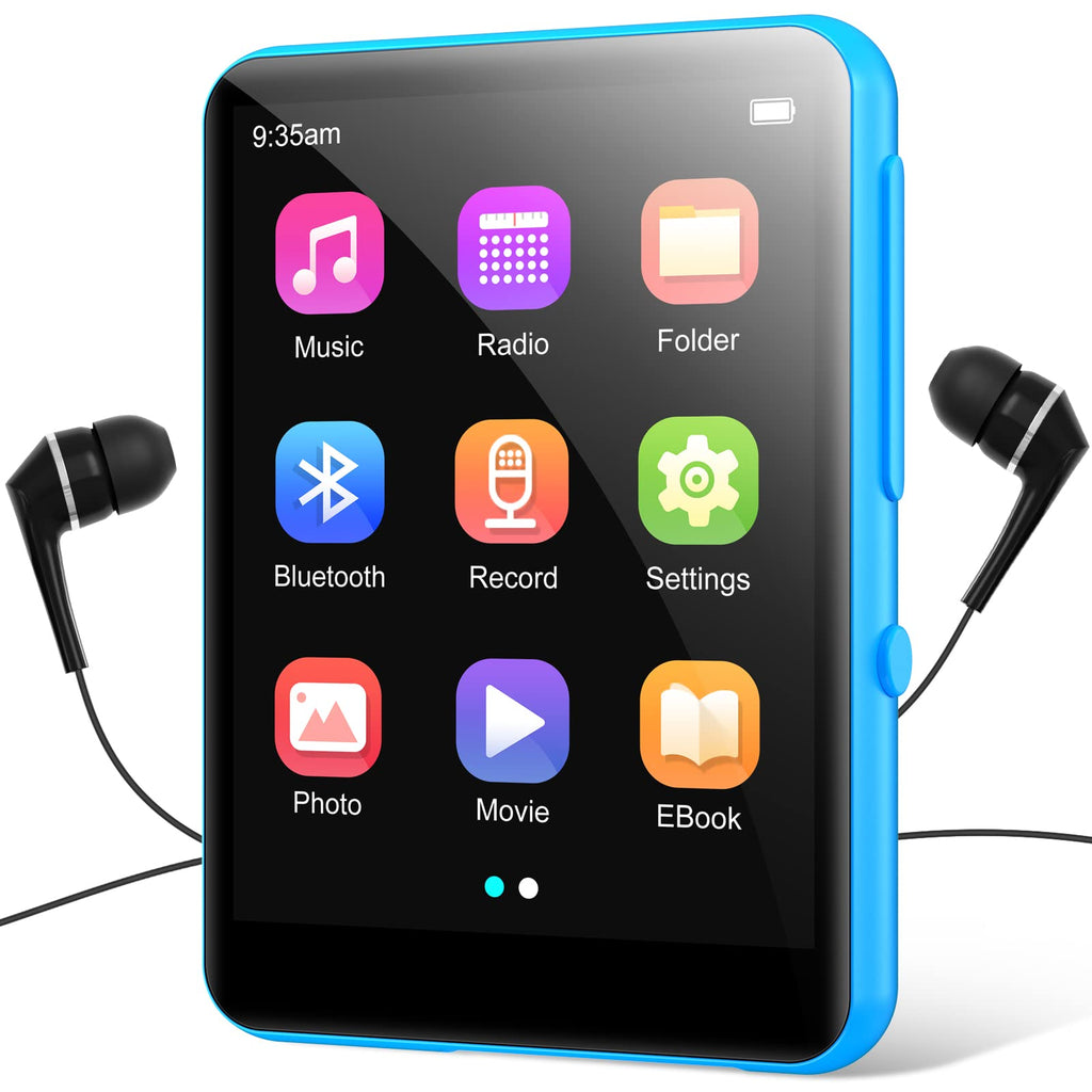 64GB 2.4" Full Touch Screen MP3 Player with Bluetooth 5.0, Portable HiFi Sound Quality Music Player with Speaker, FM Radio, Line-in Voice Recorder, E-Book, Headphones Included, Max 128GB Expandable Blue/64GB