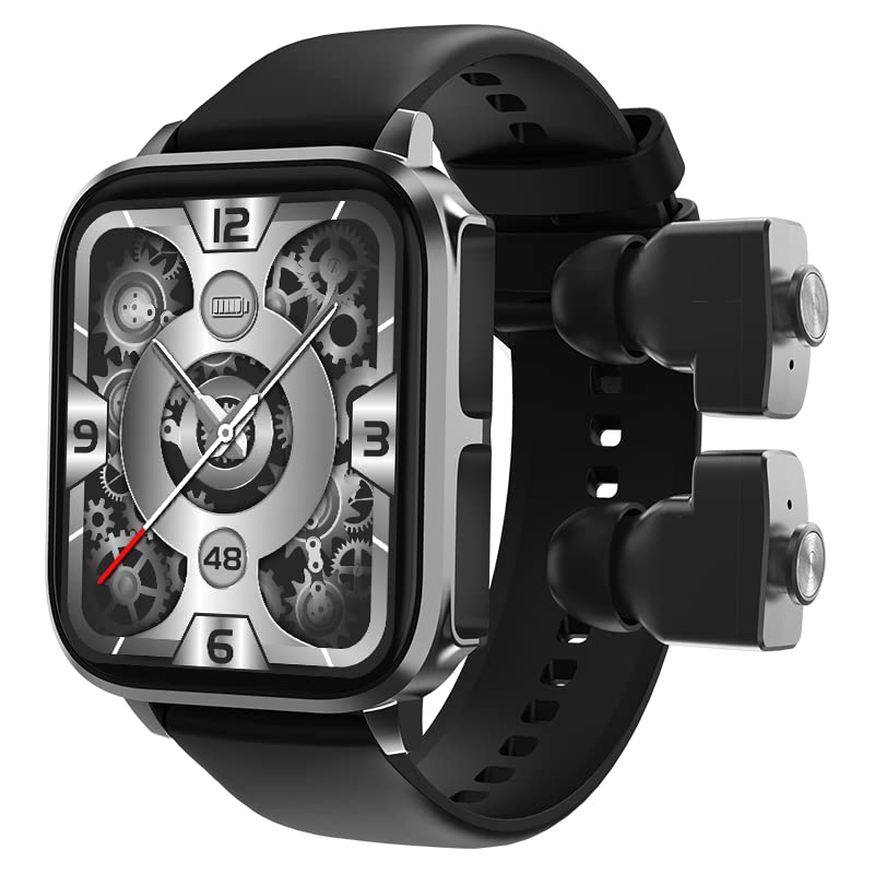 Tuanzi T22 1.83 Inch 2 in 1 Smartwatch with Earbuds TWS Wireless Bluetooth Headset Combo Bluetooth Call Heart Rate Blood Pressure Sleep Monitor Women Men Sport Fitness Tracker(T22-Black)