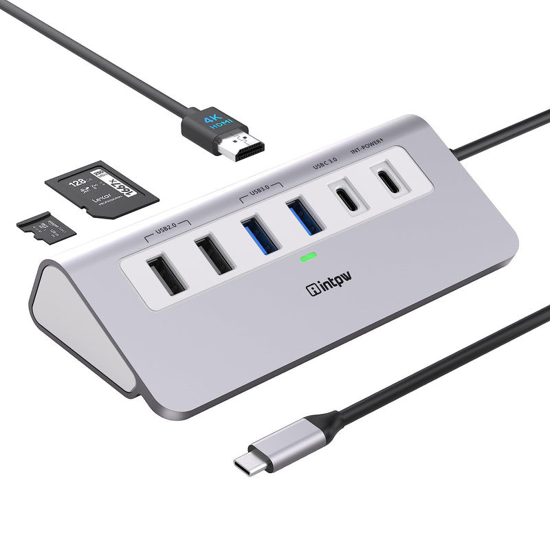 USB C Hub, INTPW 9-in-1 USB C Hub Multiport Adapter with 4K HDMI, PD 100W, USB-C and 2 USB A 3.0 5Gbps, 2 USB A 2.0, SD/TF Card Reader, Aluminum USB C to USB Hub for MacBook Air/Pro iPad Laptop 1.64ft
