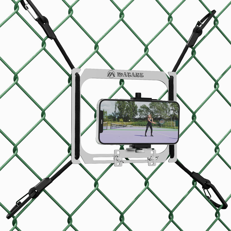 Cell Phone Fence Mount for iPhone, Mevo Start, Phones, GoPro and Other Action Cameras, to a Chain Link Fence for Recording Baseball,Softball and Tennis Games argent