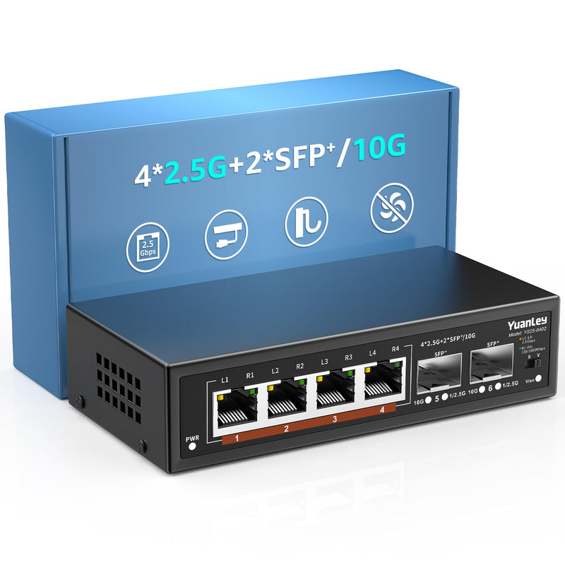 6 Port 2.5G Unmanaged Ethernet Switch, 4 x 2.5G Base-T Ports, 2 x 10G SFP, Compatible with 100/1000/2500Mbps, VLAN, Fanless, Desktop/Wall Mount YuanLey 2.5Gbe Network Switch for Wireless AP, NAS, PC Black 6 Port | 4x2.5G +2x10G SFP