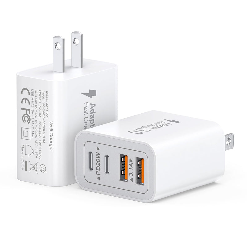 40W USB C Charger Block, 2-Pack 4-Port Type C Fast Charging Brick Dual PD&QC Wall Plug Adapter Compatible for iPhone 15/15 Pro/ 15 Pro Max/14/13/12, iPad, Airpods, iwatch, Samsung Galaxy White