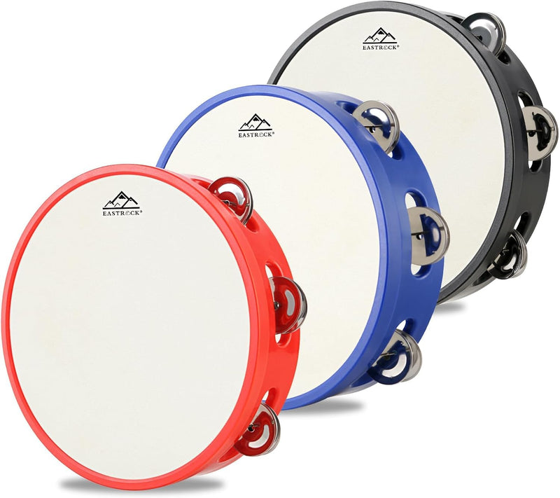 EASTROCK 8 inch Tambourine Hand Held Drum Bell Birch Metal Jingles Percussion Musical Jingles Bell Tambourine Musical Instrument for KTV Party Church 3 PCS Black、White、Blue