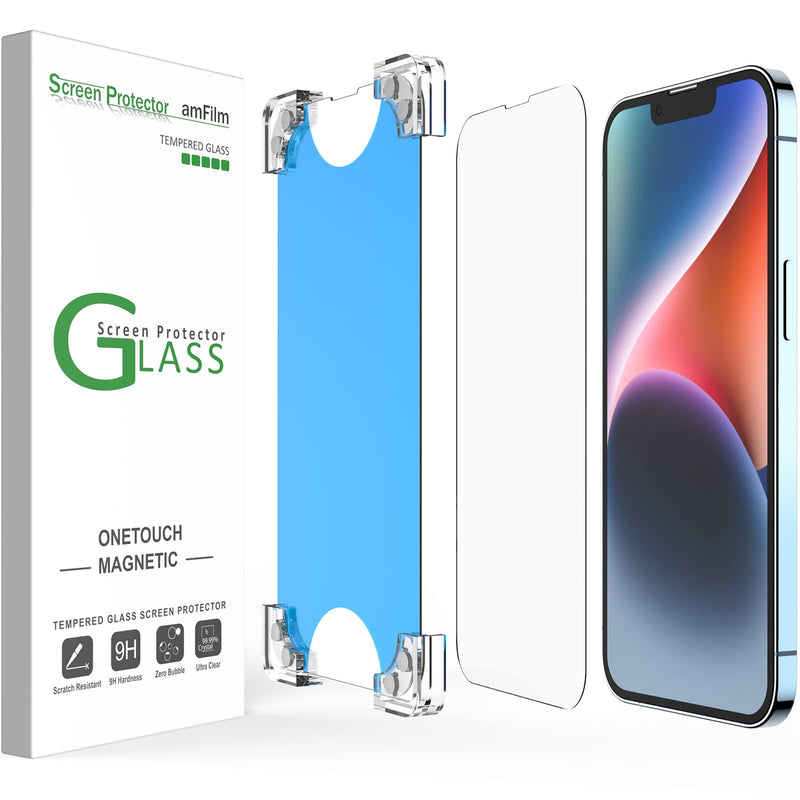 amFilm 2 Pack Magnetic OneTouch Compatible with iPhone 14 6.1"/iPhone 13/iPhone 13 Pro 6.1" Screen Protector Tempered Glass Edge to Edge Full Coverage with Easy Installation Kit (Magnetic & Reusable)