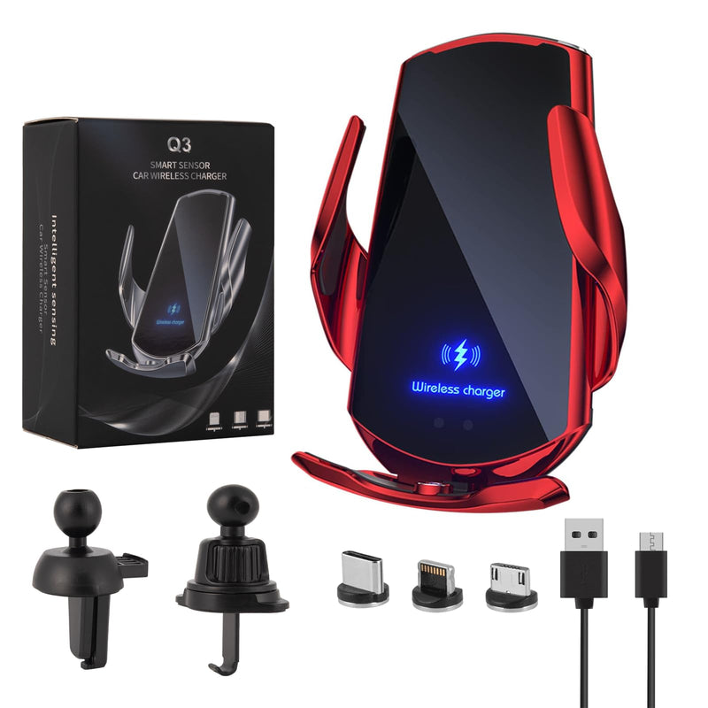 Wireless Car Charger Mount 15W Fast Charging Auto Clamping Car Phone Holder Mount Wireless Charging for Car Air Vent Compatible with All Android Smartphone(Red)