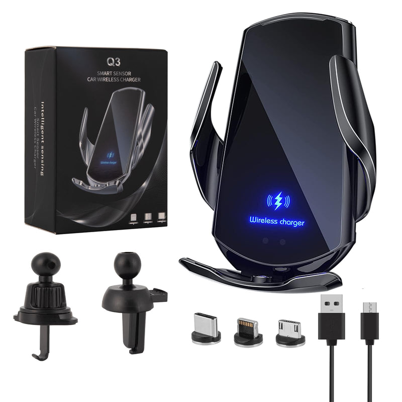 Wireless Car Charger Phone Mount 15W Fast Charging Auto Clamping Car Charger Car Phone Holder Mount Wireless Charging Mount Compatible with All Android Smartphone (Black)