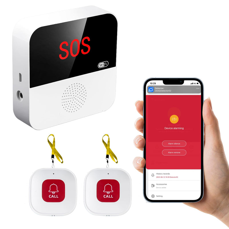 WiFi Elderly Monitoring, Caregiver Pagers Life Alert Systems for Seniors no Monthly Fee, 1 Receiver & 2 Panic Button, Compatible with Tuya Smart/Smart Life APP (Only Supports Wi-Fi 2.4GHz ) 1 Receiver+2 Button