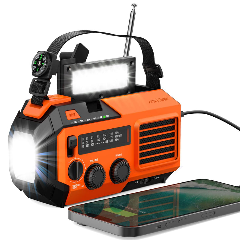 FosPower Emergency Weather Radio (Model A6) NOAA/AM/FM with 19240mWh Portable Power Bank, USB/Solar/Hand Crank Charging, Battery Operated, SOS Alarm & Flashlight for Indoor/Outdoor Emergency - Orange