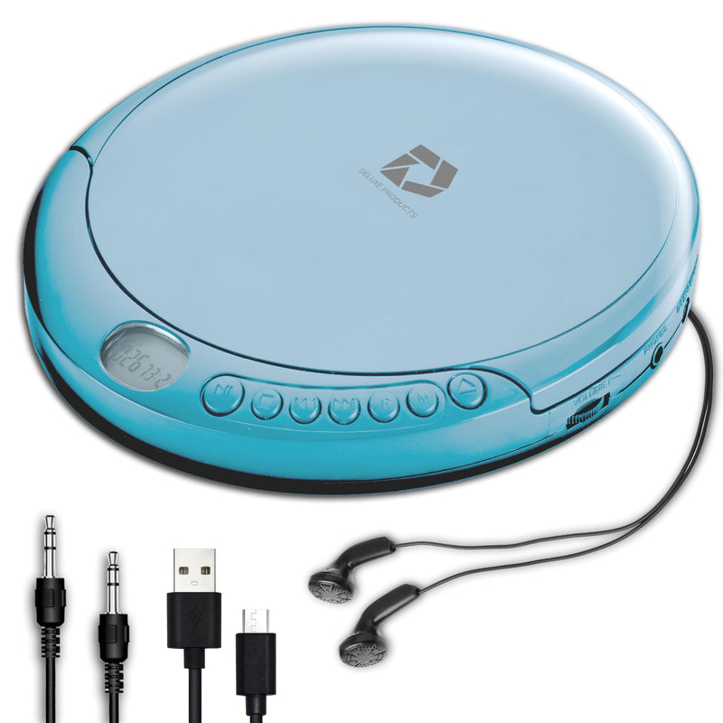 Deluxe Products CD Player Portable with 60 Second Anti Skip, Stereo Earbuds, Includes Aux in Cable and AC USB Power Cable for use at Home or in Car. Blue Blue_CD