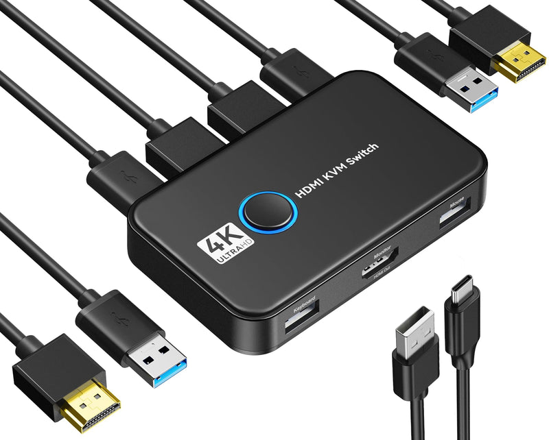 KVM Switch, Giimake KVM Switch HDMI,USB KVM Switch for 2 Computers Sharing One HD Monitor and Keyboard Mouse, Support 4K@60Hz,2 HDMI Cables and 2 USB Cables,1 USB C Charge Cable Included Black