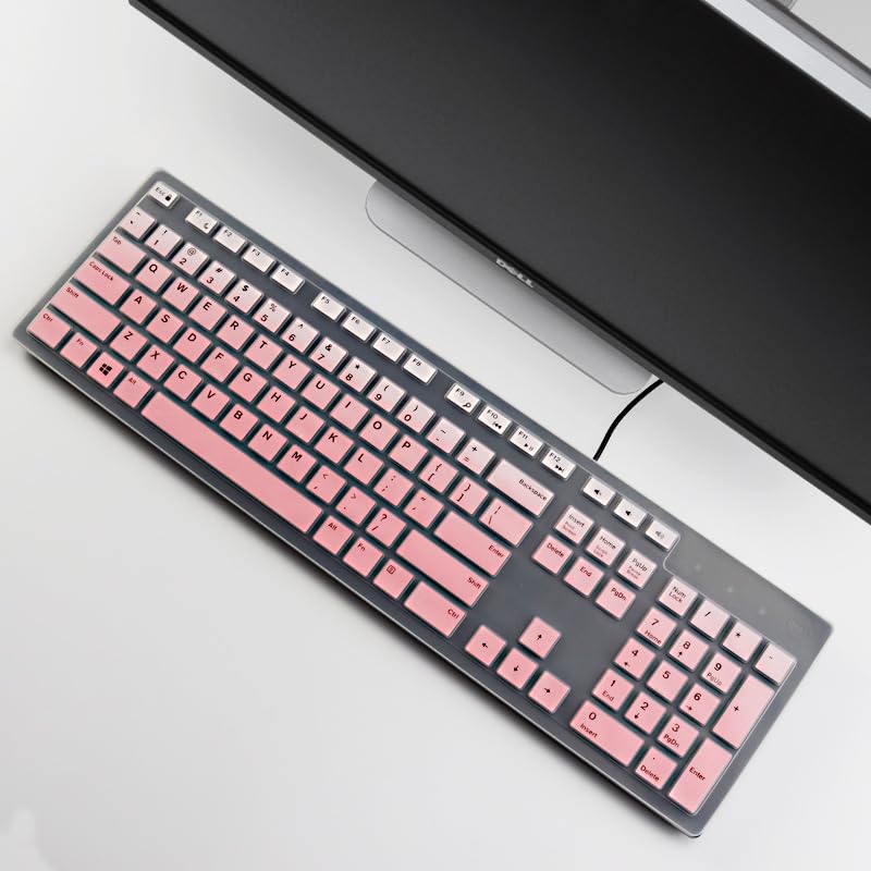 Keyboard Covers for Dell KM636 KB216 Wireless Wired Keyboards, Dell Optiplex 5250 3050 3240 5460 7450 7050/Dell Inspiron AIO 3475 3670 3477 Silicone Desktop Computer Keyboard Skins (Pink) 1 Pack Gradient Pink
