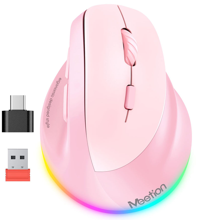 MEETION Ergonomic Mouse, Wireless Vertical Mouse RGB Backlit Rechargeable Mice for Bluetooth(5.2 + 3.0) & USB-A with Type-c Adapter 4 Adjustable DPI Compatible Mac/Windows/Andriod/PC/Tablet/iPad Pink Right-Handed