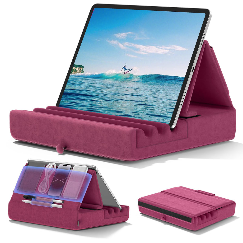 KDD Tablet Pillow Holder, Foldable iPad Stand for Lap, Bed and Desk -Tablet Soft Pad Dock with Pocket & Stylus Mount Compatible with iPad Pro 12.9, 10.5, 9.7 Air Mini 6 5 4 3, Galaxy Tab, E-Reader Purple