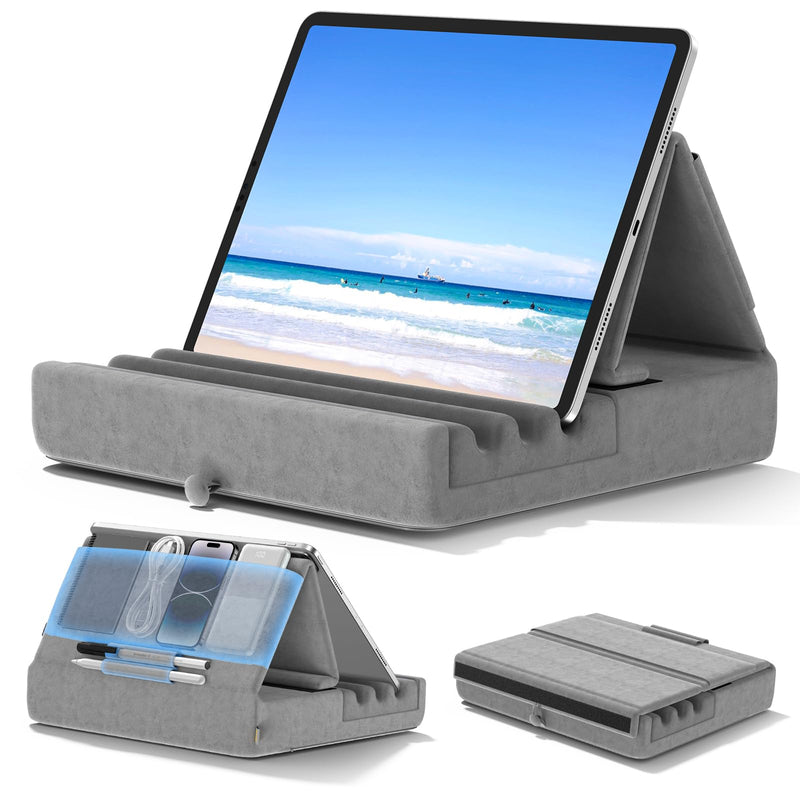 KDD Tablet Pillow Holder, Foldable iPad Stand for Lap, Bed and Desk -Tablet Soft Pad Dock with Pocket & Stylus Mount Compatible with iPad Pro 12.9, 10.5, 9.7 Air Mini 6 5 4 3, Galaxy Tab, E-Reader Gray