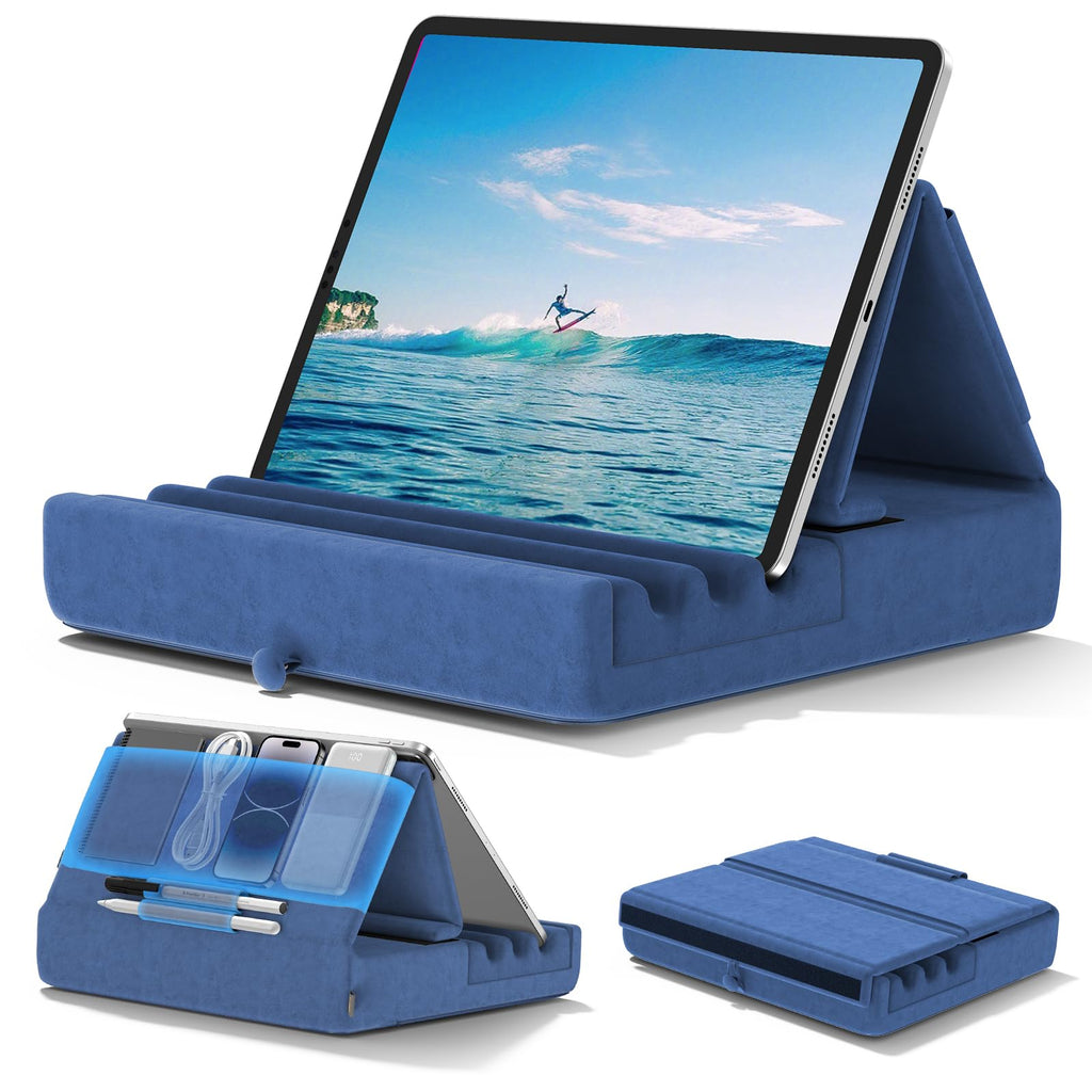 KDD Tablet Pillow Holder, Foldable iPad Stand for Lap, Bed and Desk -Tablet Soft Pad Dock with Pocket & Stylus Mount Compatible with iPad Pro 12.9, 10.5, 9.7 Air Mini 6 5 4 3, Galaxy Tab,E-Reader Blue