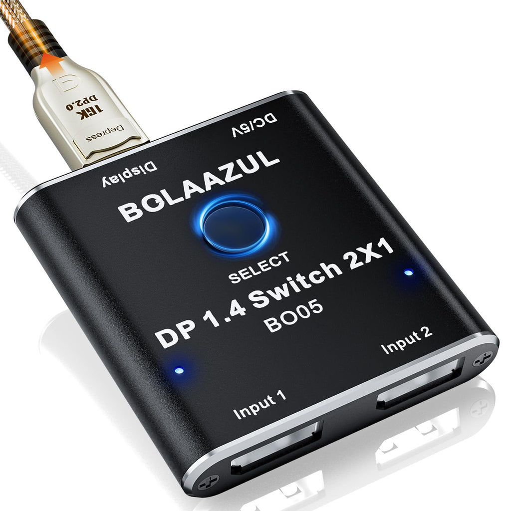 BolAAzuL 8K DisplayPort Switch 2 in 1 Out, DP Switch 2 in 1 Out -Unidirectional Display Port 1.4 Switcher 2 Port DP 1.4 Switch Box - 8K@60Hz, 4K@120Hz, 2K@144Hz for PC Host Monitor Laptop