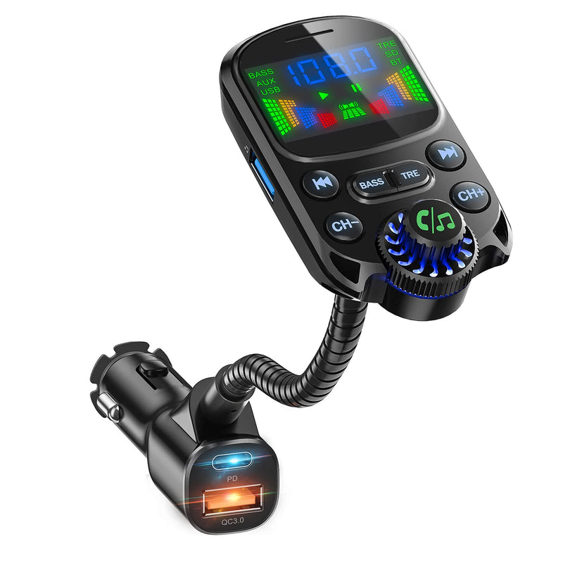Bluetooth 5.3 FM Transmitter for Car- SOARUN Bluetooth Car Adapter PD30W & USB Port Fast Charge - HiFi Treble & Bass Player - 1.6" Display Hands-Free Calling - Car Radio with AUX Input/Output, TF Card PD30W+QC18W Ferrous
