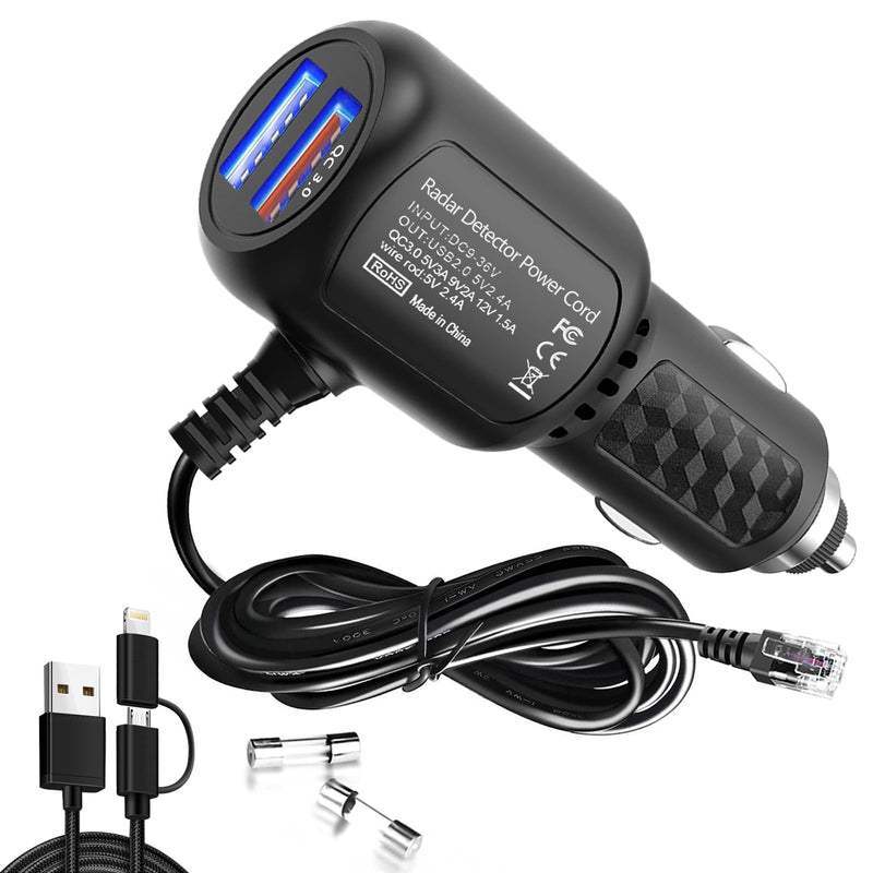 Radar Detector Power Cord,for Uniden Escort Valentine Beltronics Passport Cobra Whistler etc Radar Detector,Dual USB QC3.0 Quick Charger(6.5FT) (RJ11) RJ11