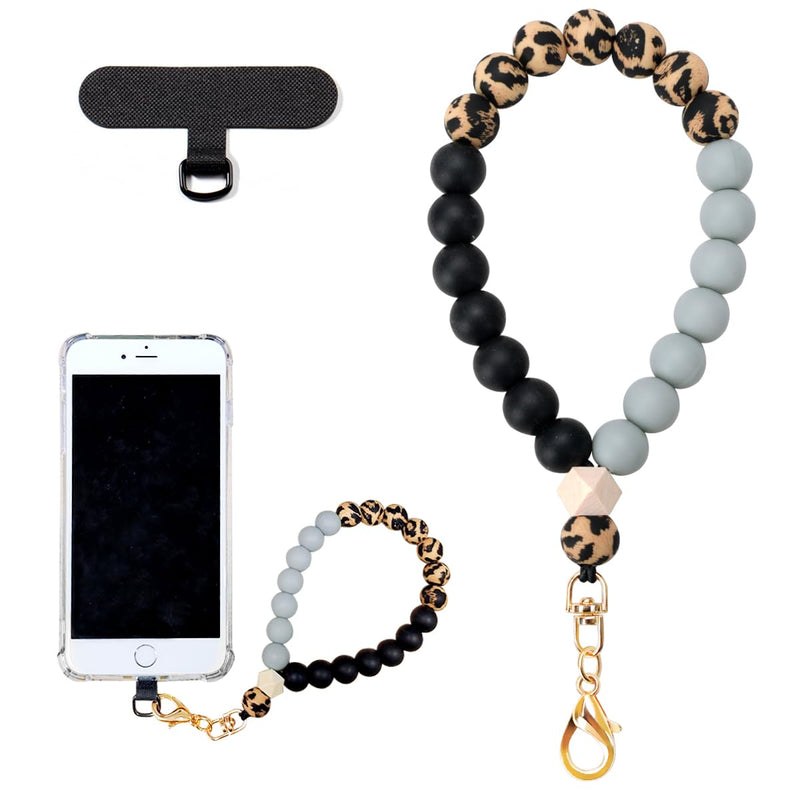 Marble Silicone Beaded Phone Wrist Strap, Cellphone Lanyard with Tether Tab, Elastic Hands-Free Wristlet Bracelet Leopard Print