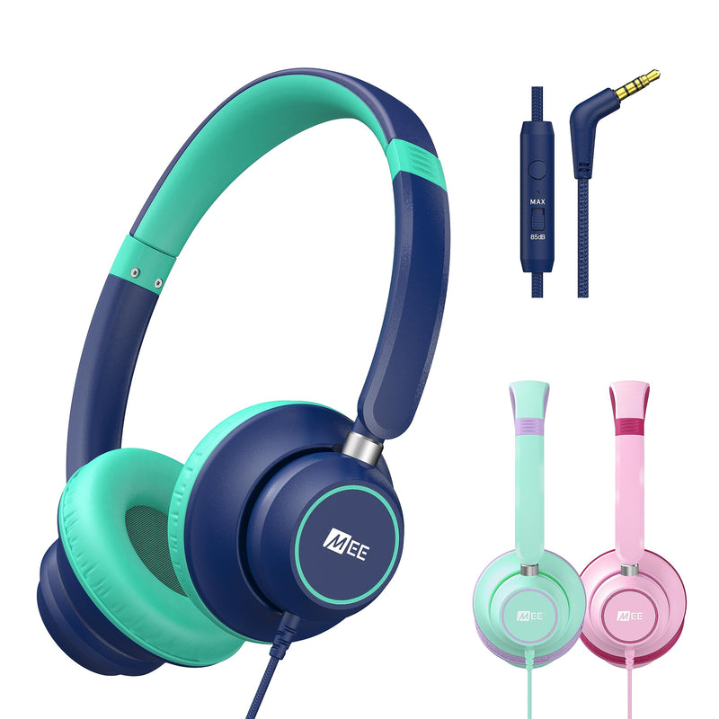 MEE audio KidJamz KJ45 Children’s Safe Listening Headphones with Volume Limiter & Microphone, Adjustable On-Ear Kids Headset Wired with 3.5mm Jack for Online Learning/School/Travel/Tablet (Blue/Teal) Blue