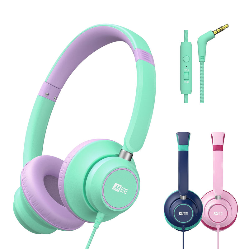 MEE audio KidJamz KJ45 Children’s Safe Listening Headphones with Volume Limiter & Microphone, Adjustable On-Ear Kids Headset Wired w/3.5mm Jack for Online Learning/School/Travel/Tablet (Mint/Lavender) Mint