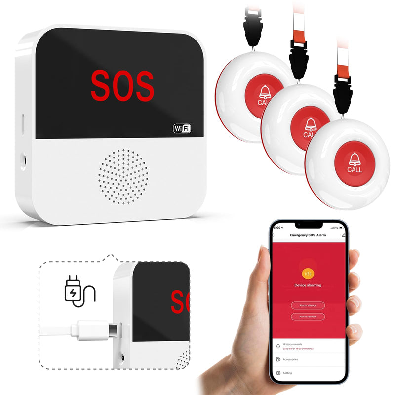 WiFi Rechargable Smart Wireless Caregiver Call Button Nurse Calling Life Emergency Alert System for Seniors Elderly Patient Disabled Kids 3 SOS Panic Buttons 1 Receiver (only Supports 2.4GHz Wi-Fi) 3 Button & 1 Receiver