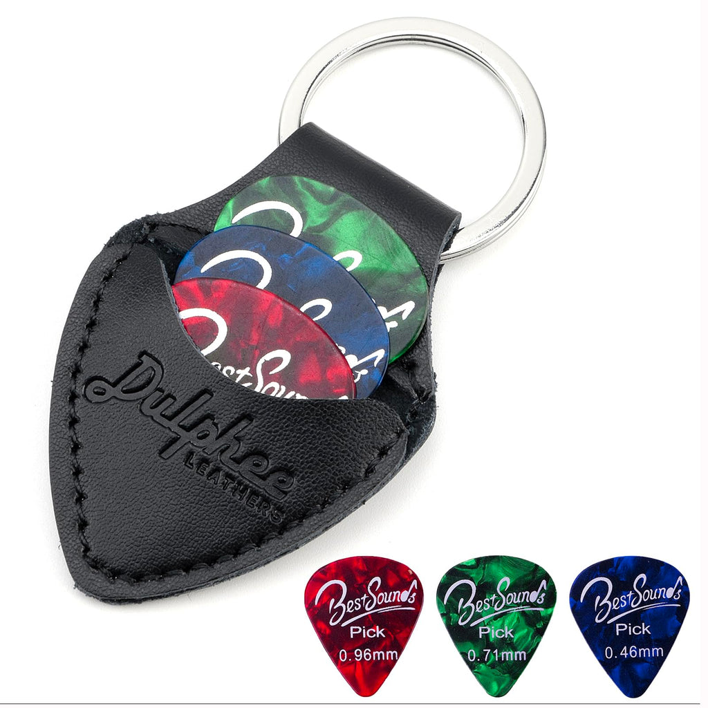 Guitar Picks Holder Keychain with 3 Picks, Genuine Leather Handmade Plectrum Cases Bag (Black) Black