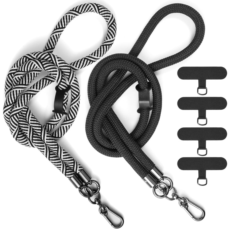 YICHEEY 2 x Phone Lanyard + 4 x Phone Tether Tab, Soft Nylon Crossbody Thick Rope Cell Phone Lanyards Phone Strap 10mm Thick | Black + Zebra