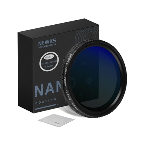 NEWKS 62mm MRC Variable ND Filter ND2-ND400, Neutral Density Adjustable ND Filter (0.3 to 2.7,1 to 9 Stops), No X Cross/Optical Glass/30 Layer Nano Coated/Ultra Slim/Water Repellent/Anti Scratch