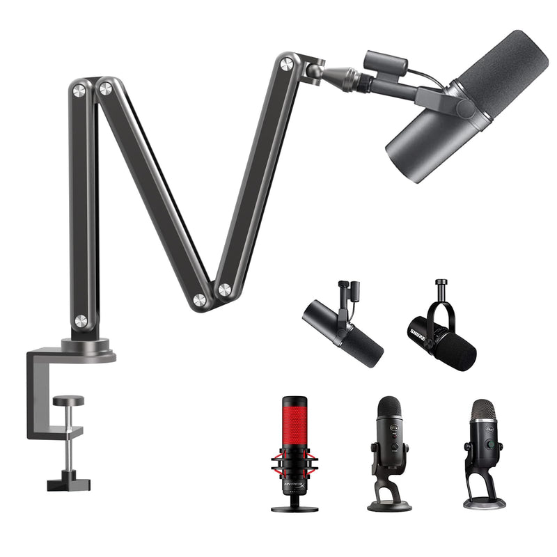 FULAIM Boom Mic Arm, 360° Rotatable, Adjustable & Foldable Desk Microphone Arm Stand, Sturdy Aluminum Alloy Mic Arm for Podcast, Video, Gaming, Meeting, Radio, Studio gray