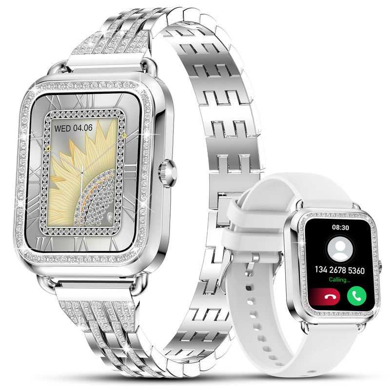 Efolen Smart Watches for Women with Diamonds (Answer/Make Call), 1.57'' Bluetooth Smartwatch for Android iOS Phones, Waterproof Fitness Tracker with Heart Rate/SpO2/Sleep/BP/AI Voice (Silver) Silver