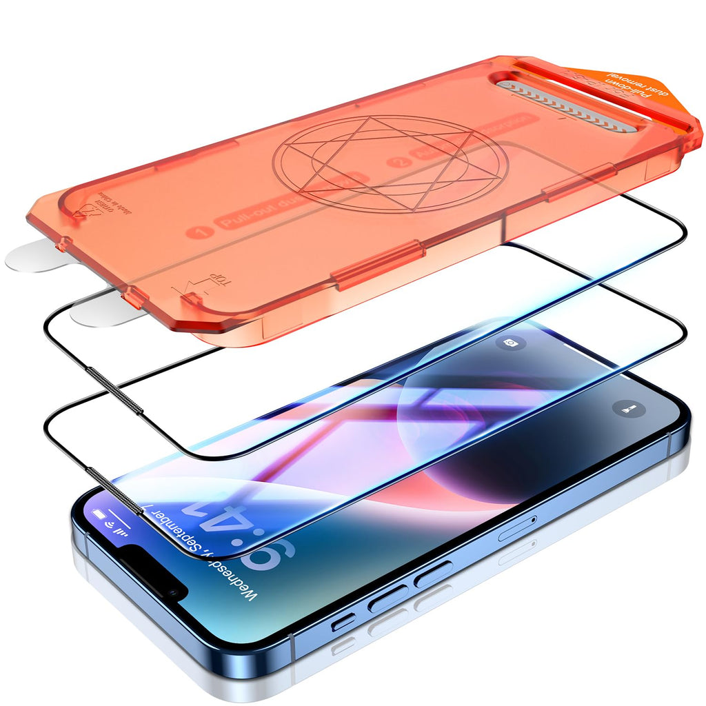 UniqueMe for iPhone 14 / iPhone 13 Pro/iPhone 13 Screen Protector, [Auto-Dust Removal] 6.1 inch Tempered Glass Anti-Fingerprint Anti-Blue Light Film [9D Full Coverage]- 2 Pack