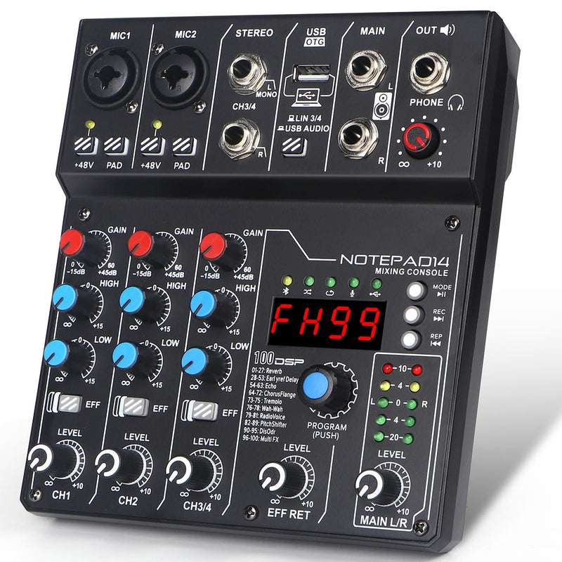 4 Channel Audio Mixer with 99 Sound Effects for PC,BT DJ Mixer Portable Sound Mixing Console with USB Recording Input for Live Streaming,Podcasting,DJ Show,Wedding