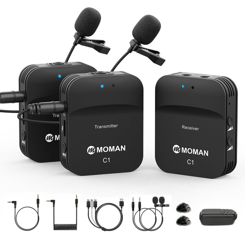 Moman C1X Wireless Lavalier Microphone, 2.4GHz Dual Channel Lapel Mic System with Noise Cancellation 230FT Range for Online Class Vlog Live Stream YouTube DSLR Camera Smartphone Tablet C1X Dual