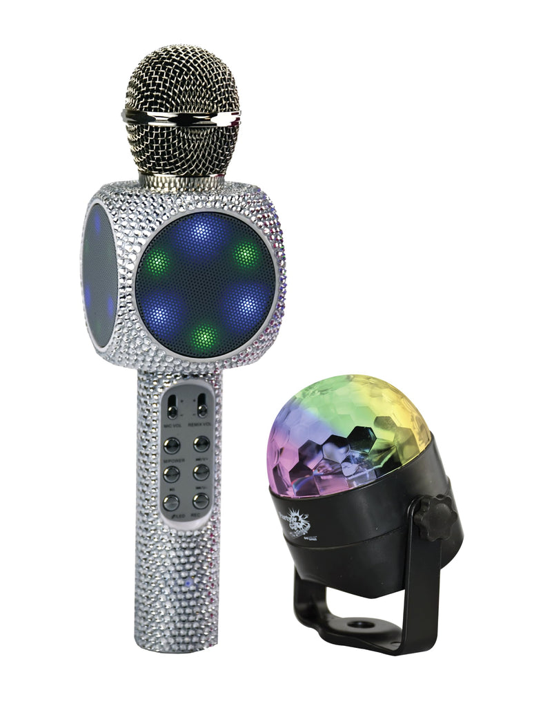 Sing-Along Bling Bluetooth Karaoke Microphone and Bluetooth Stereo Speaker All-in-One (Silver Bling w/Disco Ball)