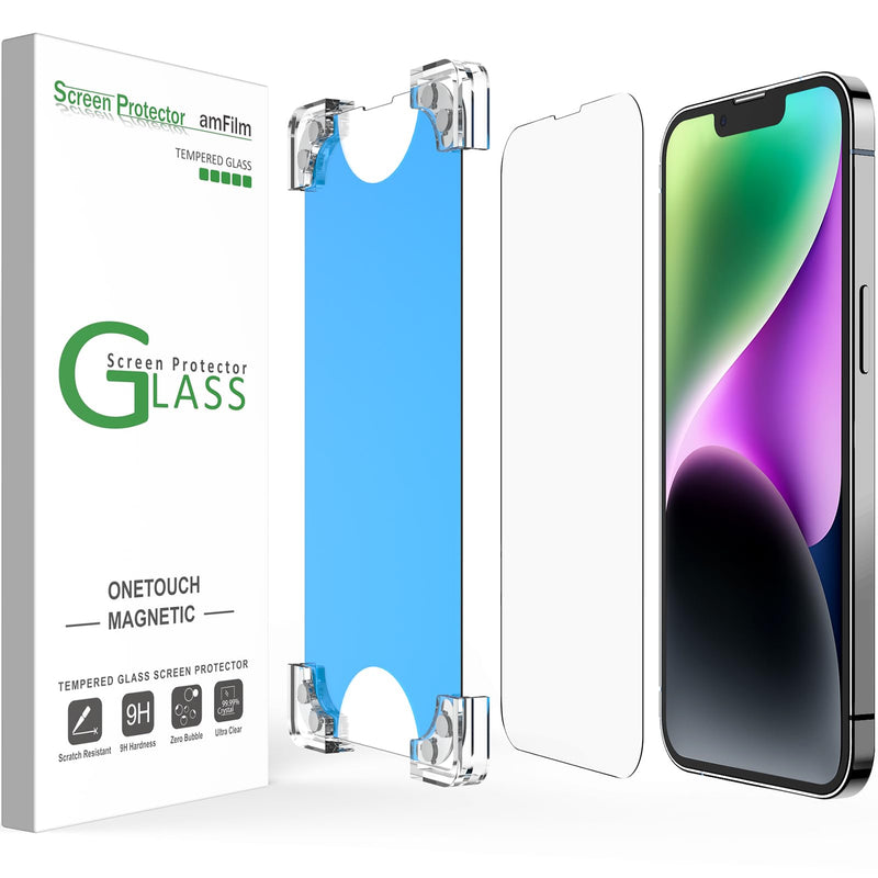 amFilm 2 Pack Magnetic OneTouch Compatible with iPhone 13 Pro Max 6.7"/ iPhone 14 Plus 6.7" Screen Protector Tempered Glass Edge to Edge Full Coverage with Easy Installation Kit (Magnetic & Reusable)