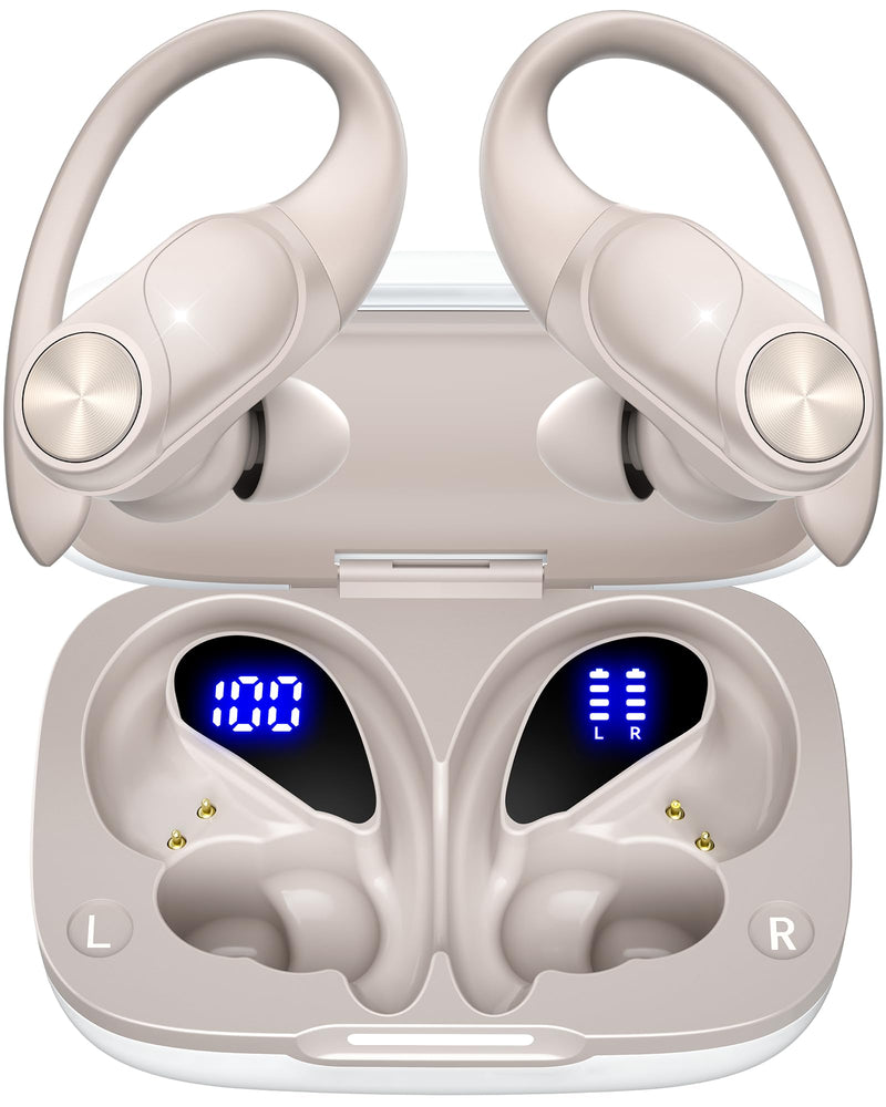 Bluetooth Headphones Wireless Earbuds 80hrs Playtime Wireless Charging Case Digital Display Sports Ear buds with Earhook Waterproof Over-Ear Earphones for TV Phone Laptop Contrast Color (Pearl Gray) Pearl Gray