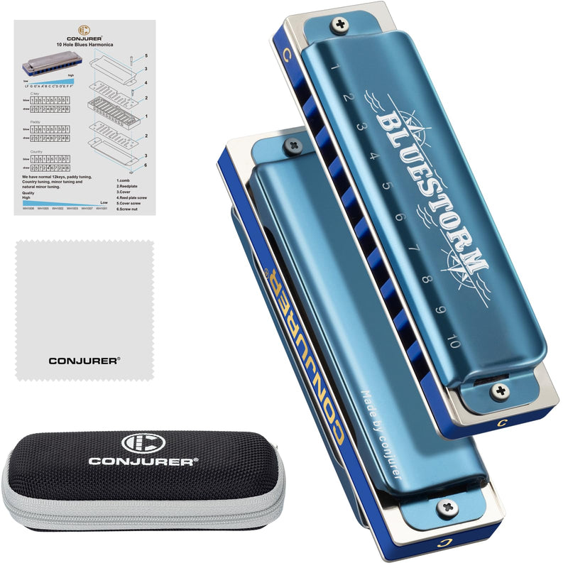 [AUSTRALIA] - CONJURER Blues Harmonica for Adult 10 Hole Diatonic Harmonica in C Key for Beginners Professionals Phosphor Bronze Reeds Brass Deluxe Mouth Organ with Case, Key of C Blue 10-hole blues (Bluestorm) C key Blue (Satin) 