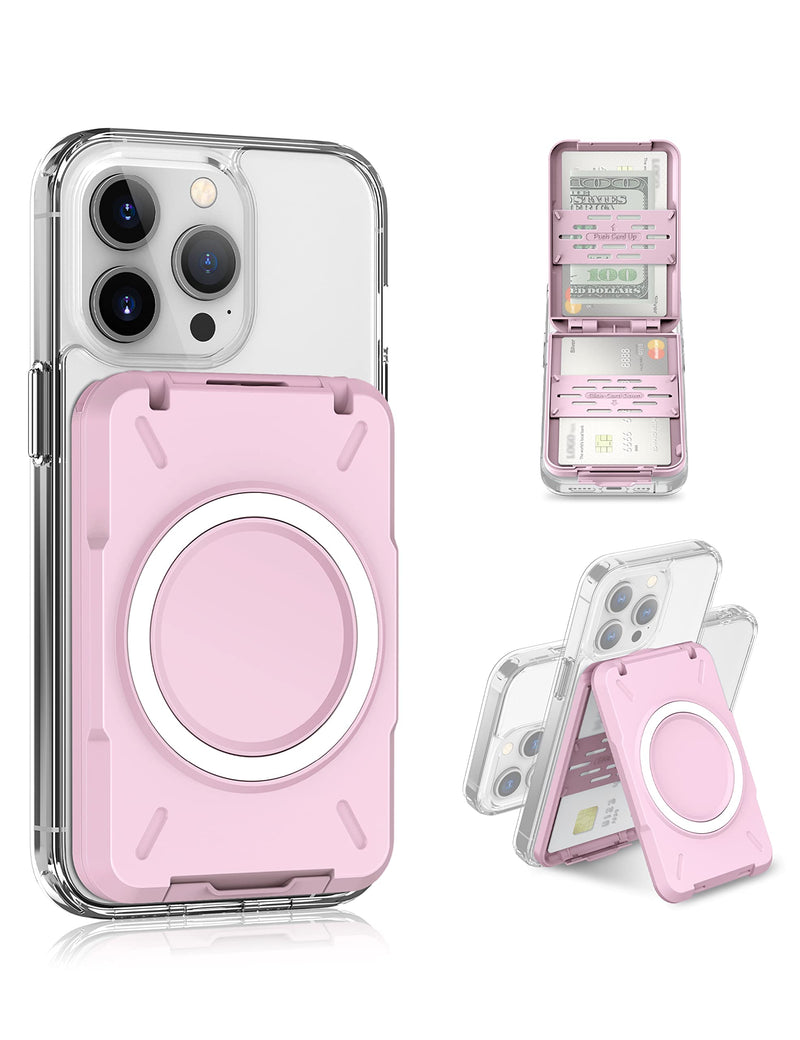 PROfezzion 2-in-1 for MagSafe Wallet Stand, RFID Blocking Magnetic Card Holder Fit 4 Cards, Detachable Hard Shell Wallet for iPhone 15 14 13 12 Pro Max Plus & MagSafe Case (Not for 13/12 Mini) Pink