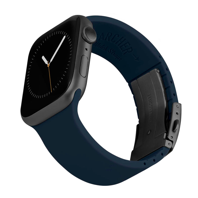 Archer Watch Straps - Custom Fit Silicone Straps for Apple Watch 44/45/46/49mm Midnight Blue, Gray Clasp