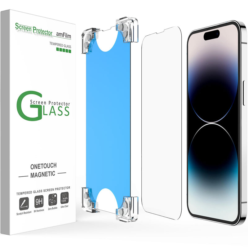 amFilm 2 Pack Magnetic OneTouch Compatible with iPhone 14 Pro Max 6.7" Screen Protector Tempered Glass Edge to Edge Full Coverage with Easy Installation Kit (Magnetic & Reusable)