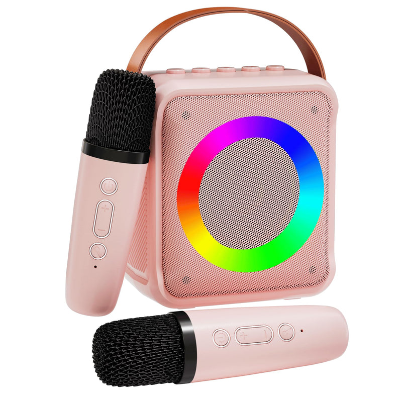 Mini Karaoke Machine for Kids Adults, Portable Bluetooth Speaker with 2 Wireless Microphones, Microphone Speaker Set with LED Disco Lights for Home Party, Birthday Gifts for Girls Boys Kid(Pink) 2 Mic pink